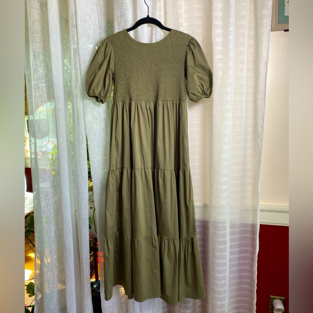 SOBE Istanbul Made in Turkey Sage Maxi Dress Tiered Skirt Ruched Top Size L